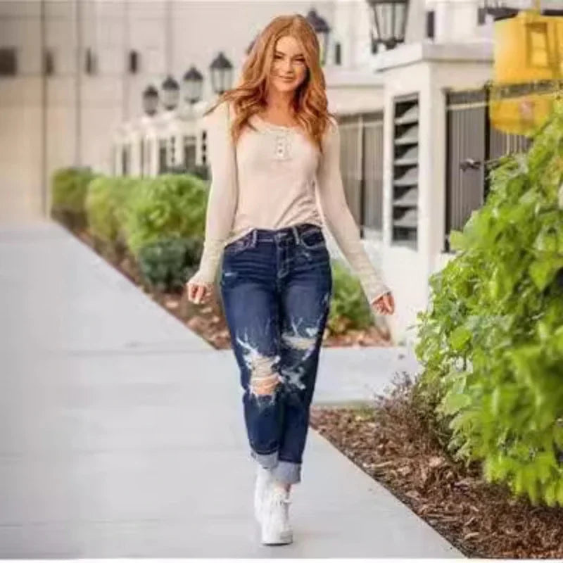 Tummy Control Distressed Cuffed Boyfriend Jeans