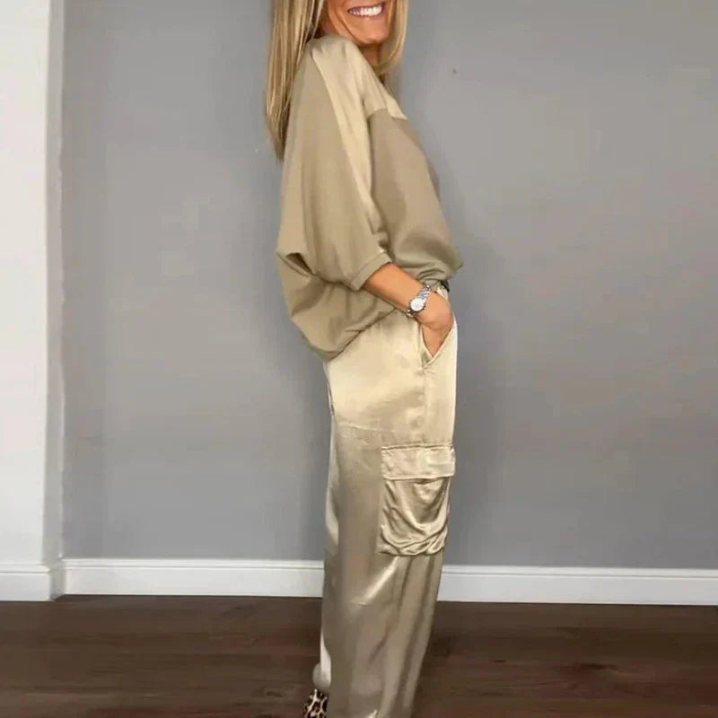 Smooth Satin Half-sleeved Top and Pants Set