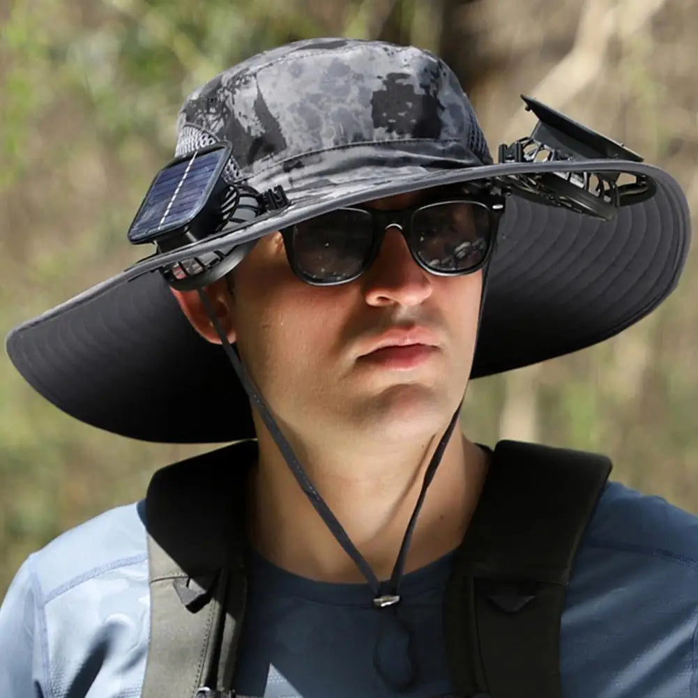 Wide Brim Solar Fan Outdoor Fishing Hat-Solar & USB Charging
