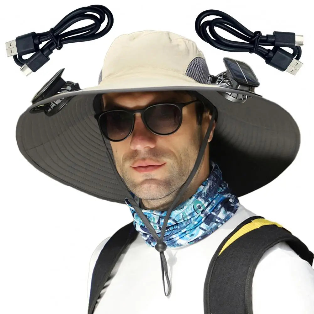 Wide Brim Solar Fan Outdoor Fishing Hat-Solar & USB Charging