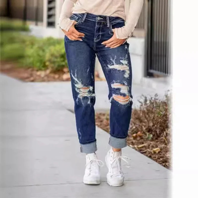 Tummy Control Distressed Cuffed Boyfriend Jeans