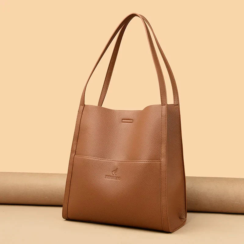 Solid color simple genuine leather shoulder bag