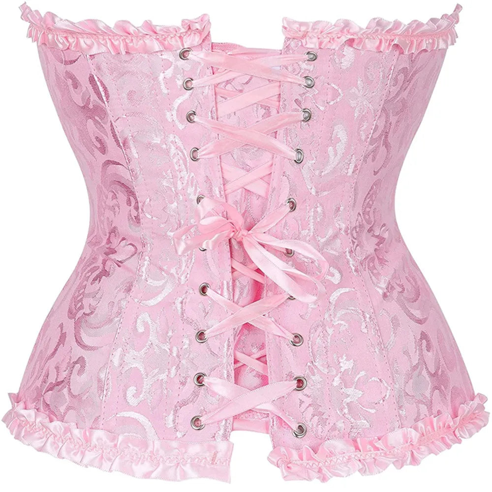Women's Lacing Corset Top Satin Floral Boned Overbust Body Shaper Bustier