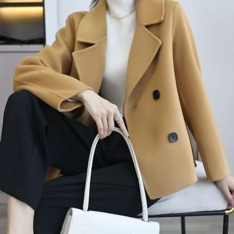 Women's Lapel Button Patchwork Sleeve Casual Coat with Two Pockets on the Sides