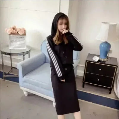 Stand collar jacket + high waist skirt sports suit