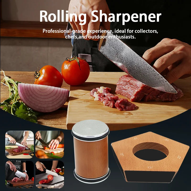 Rolling Knife Sharpener , 100% Natural Beech Wood, Rolling Sharpener for Kitchen and Chef's Knives with Industry Diamond&Corundum Stones for Sharp Edges