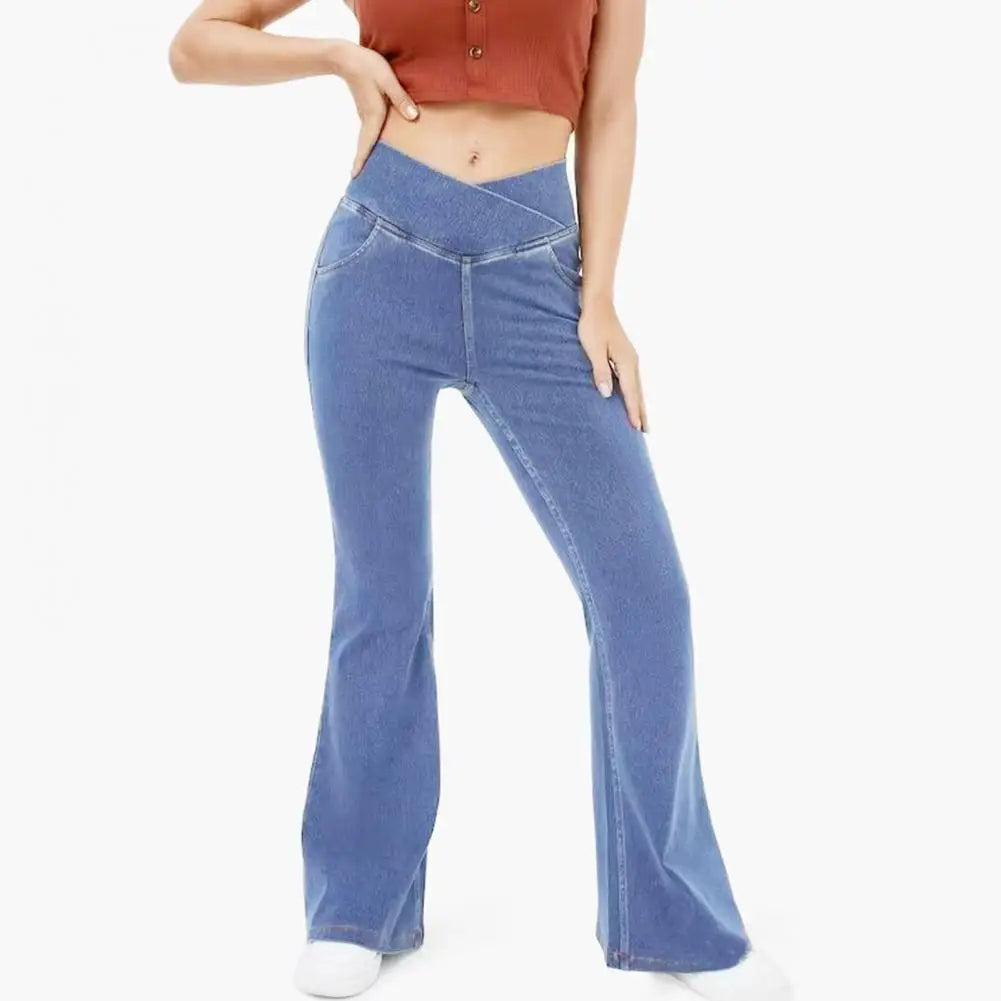 Stretchy Denim High Waisted Crossover Flare Pants