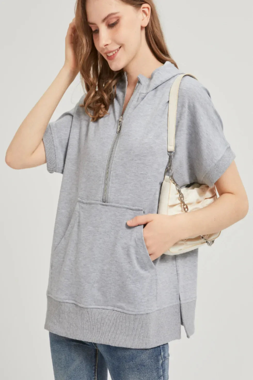 Oversized Casual Half Zip Short Sleeve Pullover Tops with Pockets