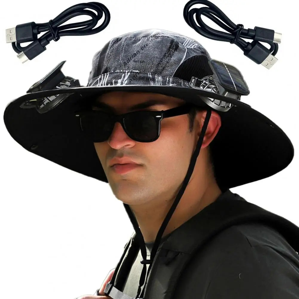 Wide Brim Solar Fan Outdoor Fishing Hat-Solar & USB Charging