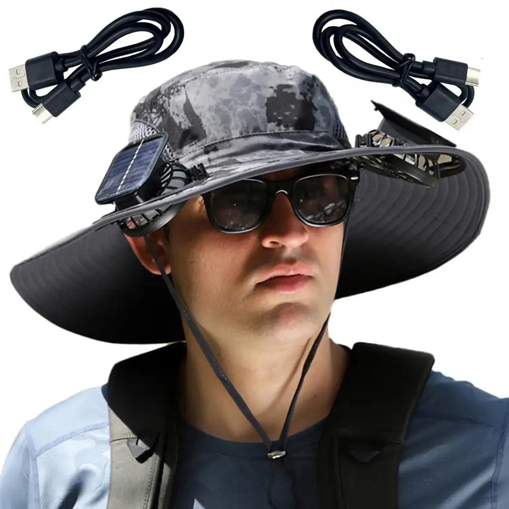 Wide Brim Solar Fan Outdoor Fishing Hat-Solar & USB Charging