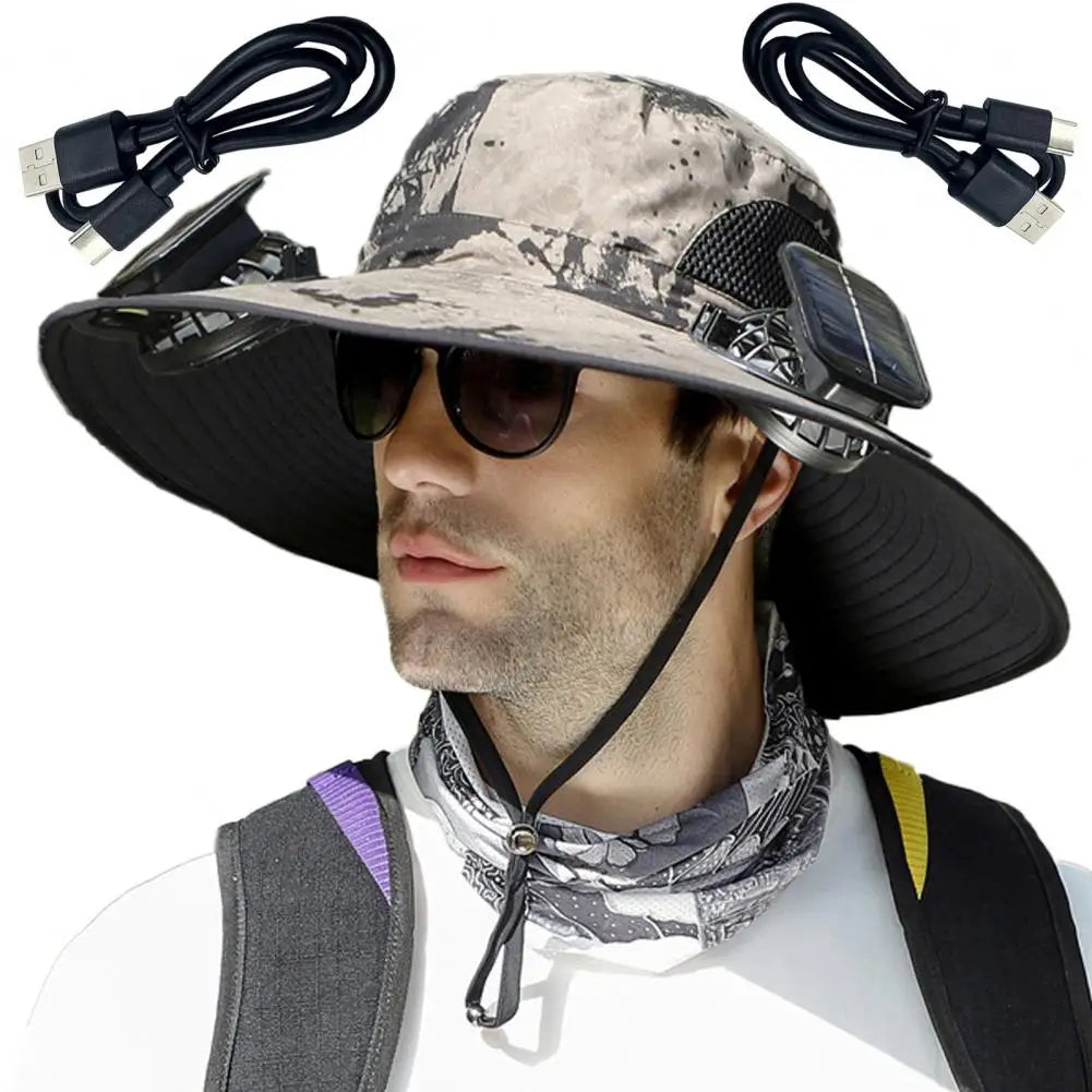 Wide Brim Solar Fan Outdoor Fishing Hat-Solar & USB Charging