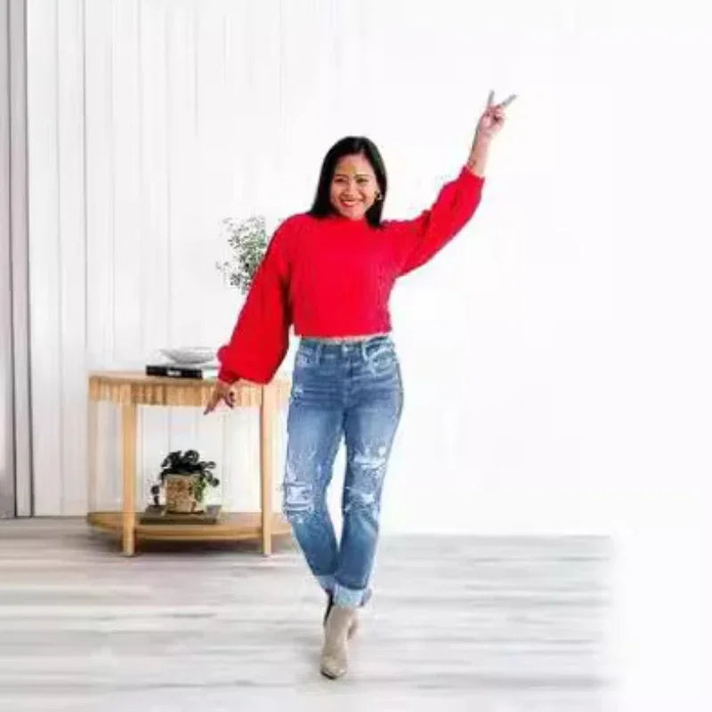 Tummy Control Distressed Cuffed Boyfriend Jeans