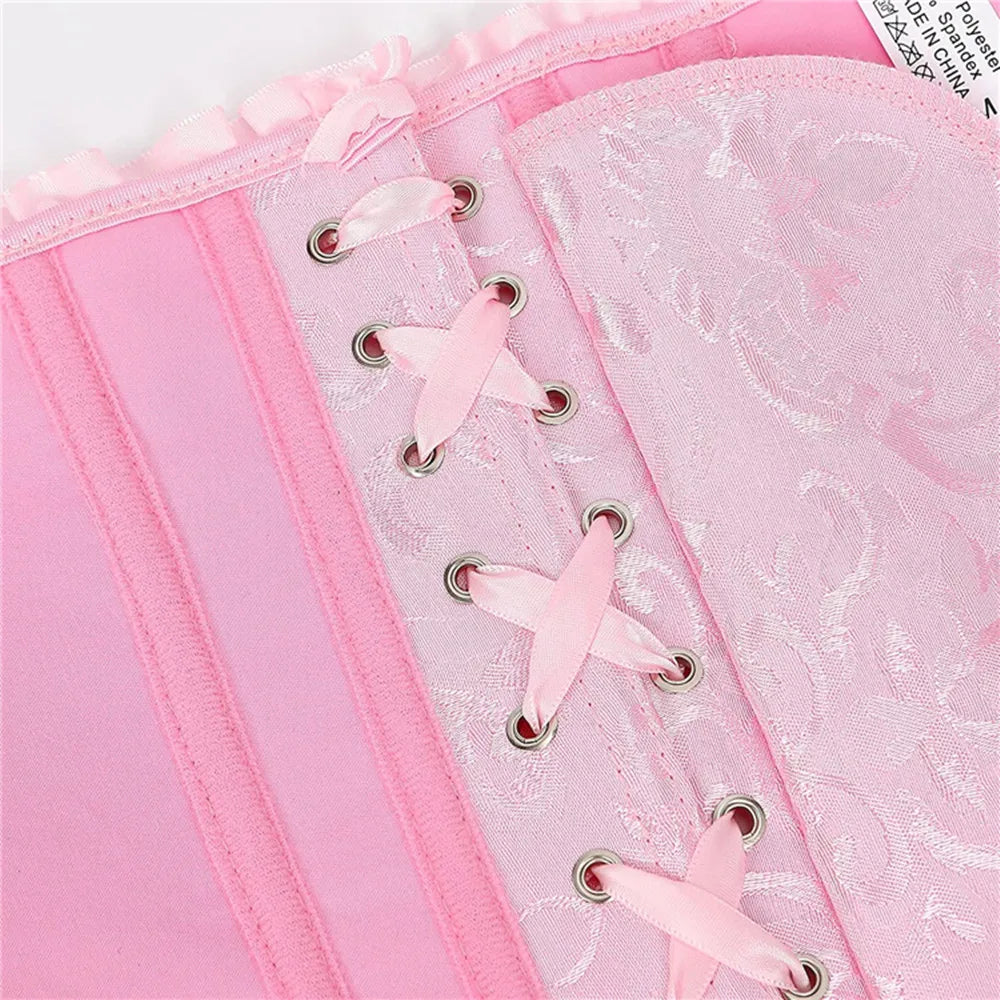 Women's Lacing Corset Top Satin Floral Boned Overbust Body Shaper Bustier