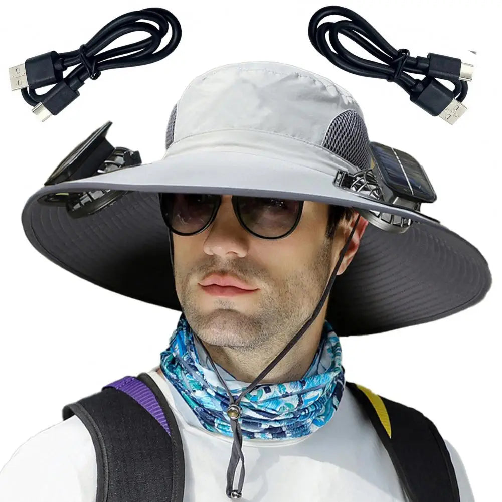 Wide Brim Solar Fan Outdoor Fishing Hat-Solar & USB Charging