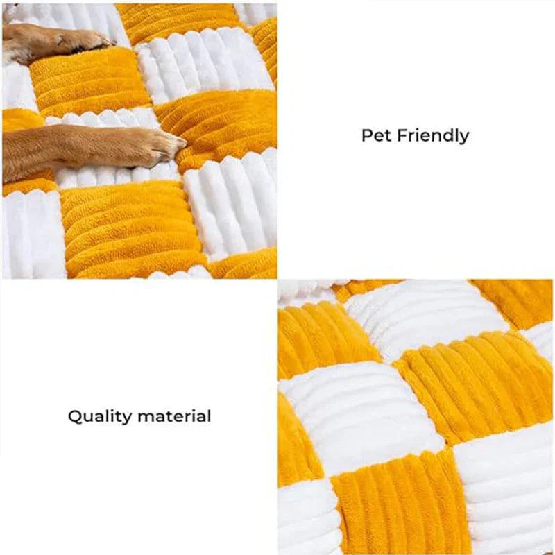 Cream Square Plaid Cozy Dog Mat Furniture Protector Cover