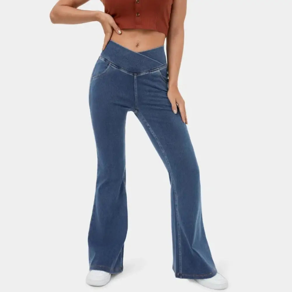 Stretchy Denim High Waisted Crossover Flare Pants