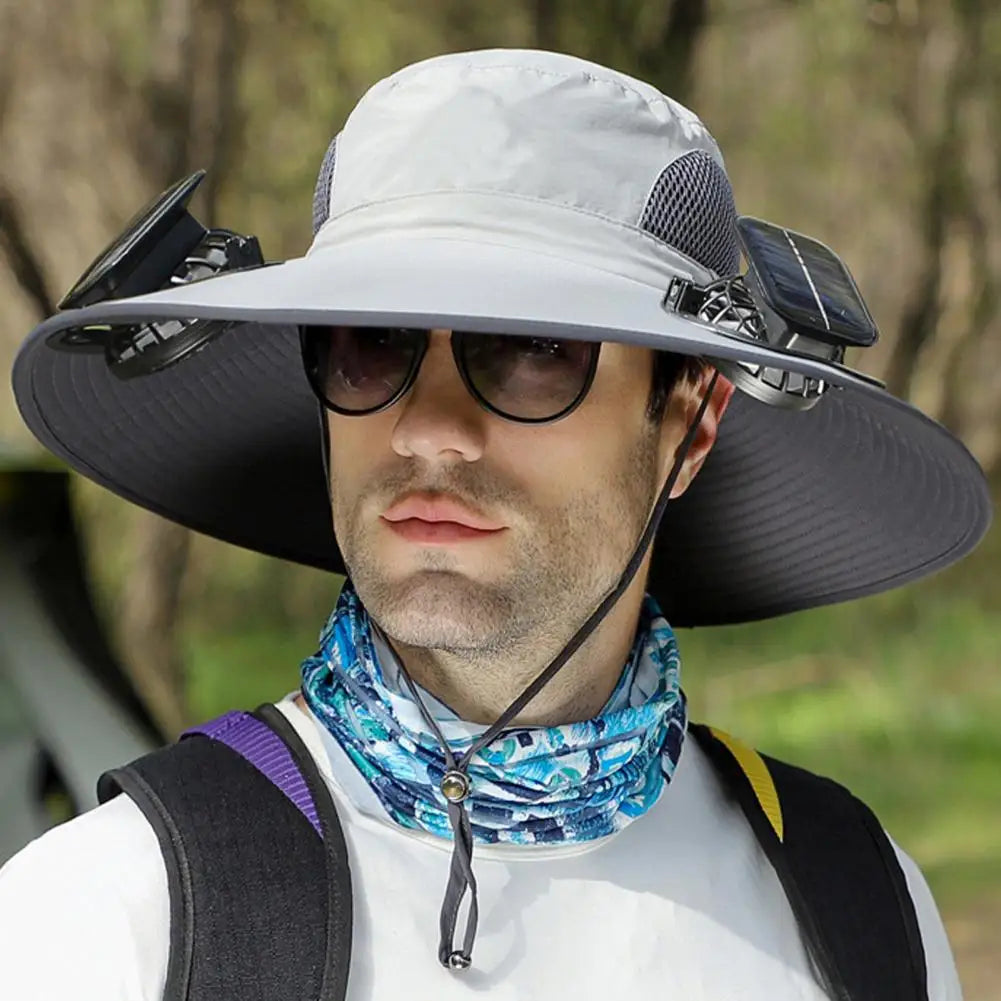 Wide Brim Solar Fan Outdoor Fishing Hat-Solar & USB Charging
