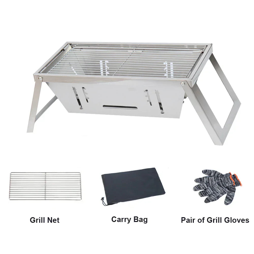 Portable Camping BBQ Grill 3 Hight Adjustable Stainless Steel Folding Charcoal Backpacking Stove with Grill Gloves Carry Bag