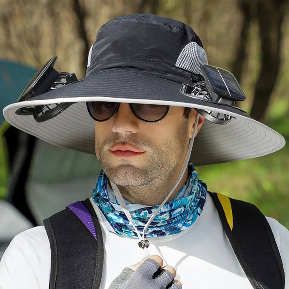 Wide Brim Solar Fan Outdoor Fishing Hat-Solar & USB Charging
