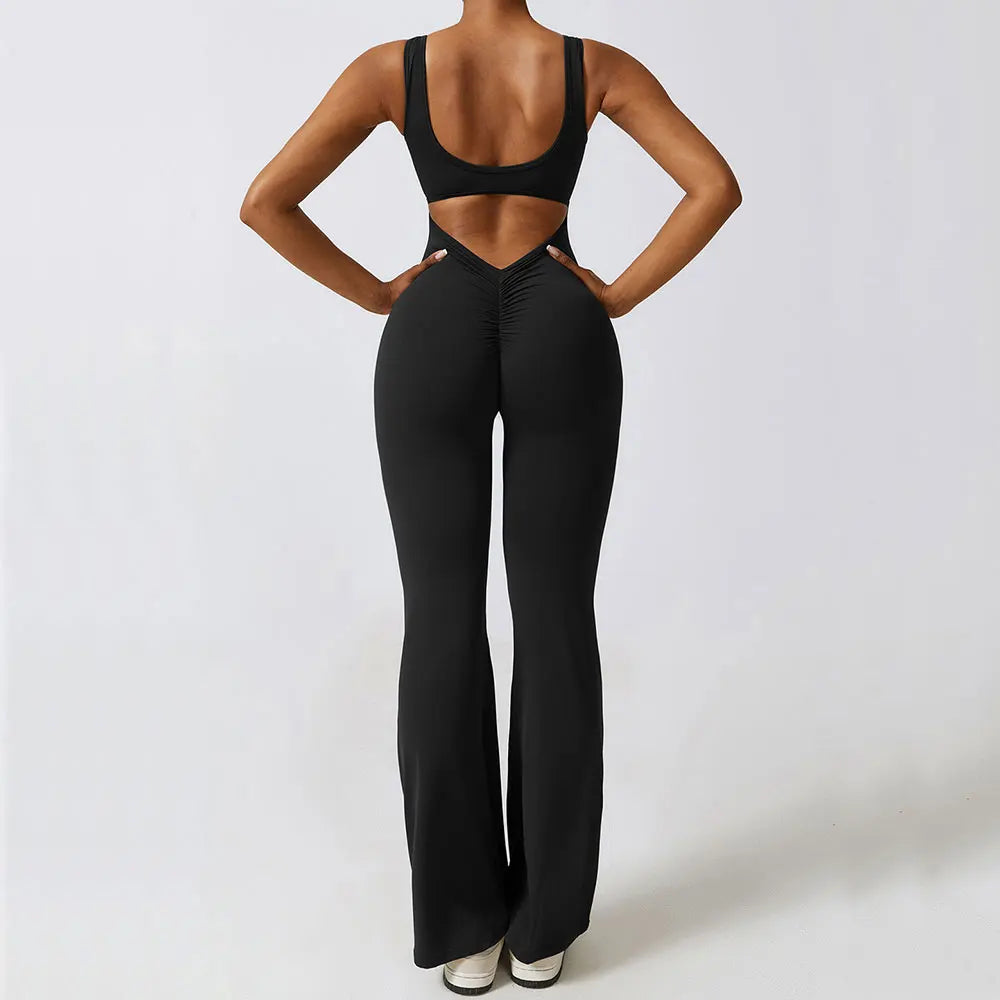 V-Back Flared Jumpsuit Black