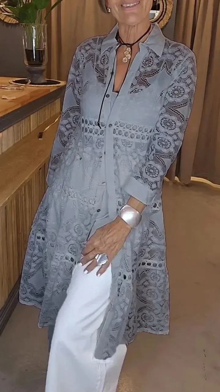 Women's Fashion Lapel Lace Long Shirt