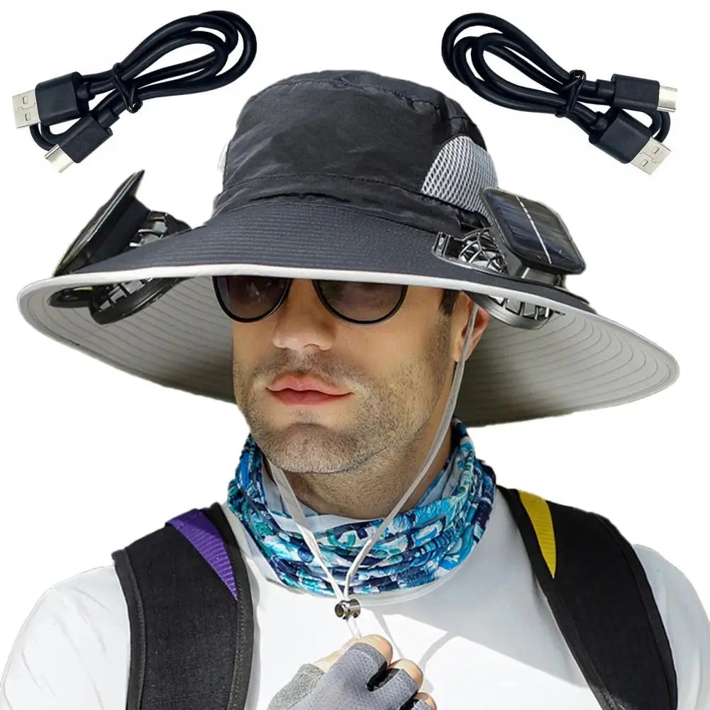 Wide Brim Solar Fan Outdoor Fishing Hat-Solar & USB Charging