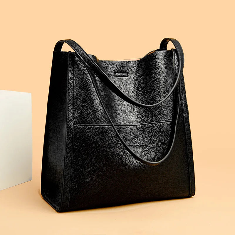 Solid color simple genuine leather shoulder bag