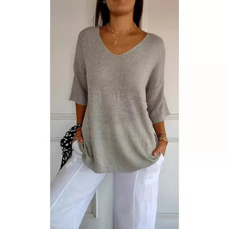 Solid Color Knitted V-neck Top