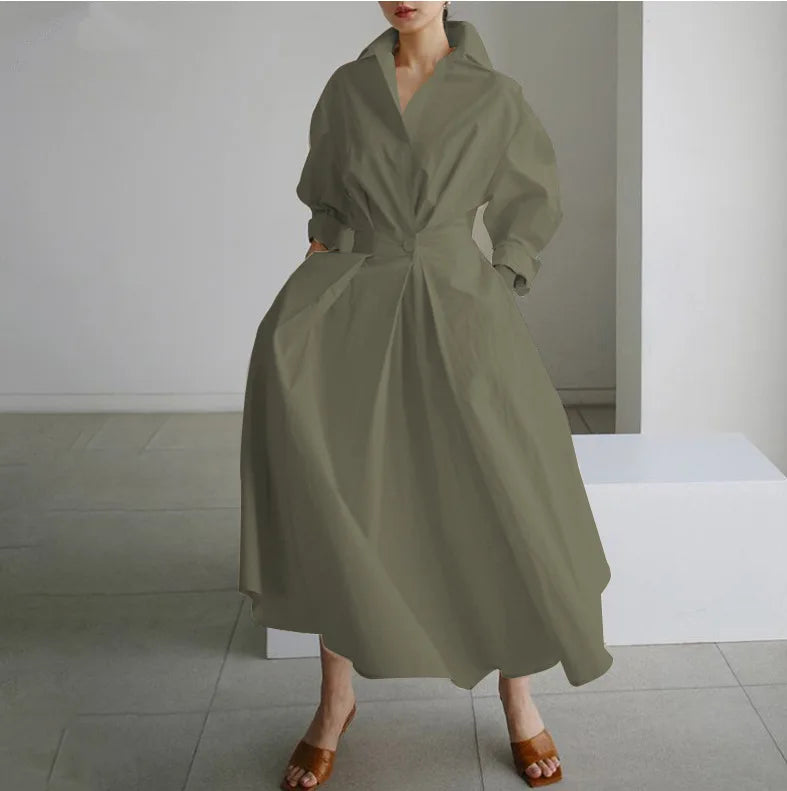 Women's Plain Lapel Shirt Wrap Dress