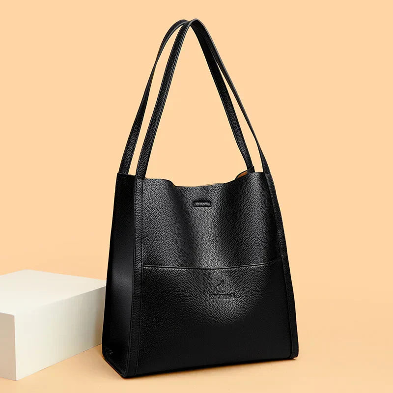 Solid color simple genuine leather shoulder bag