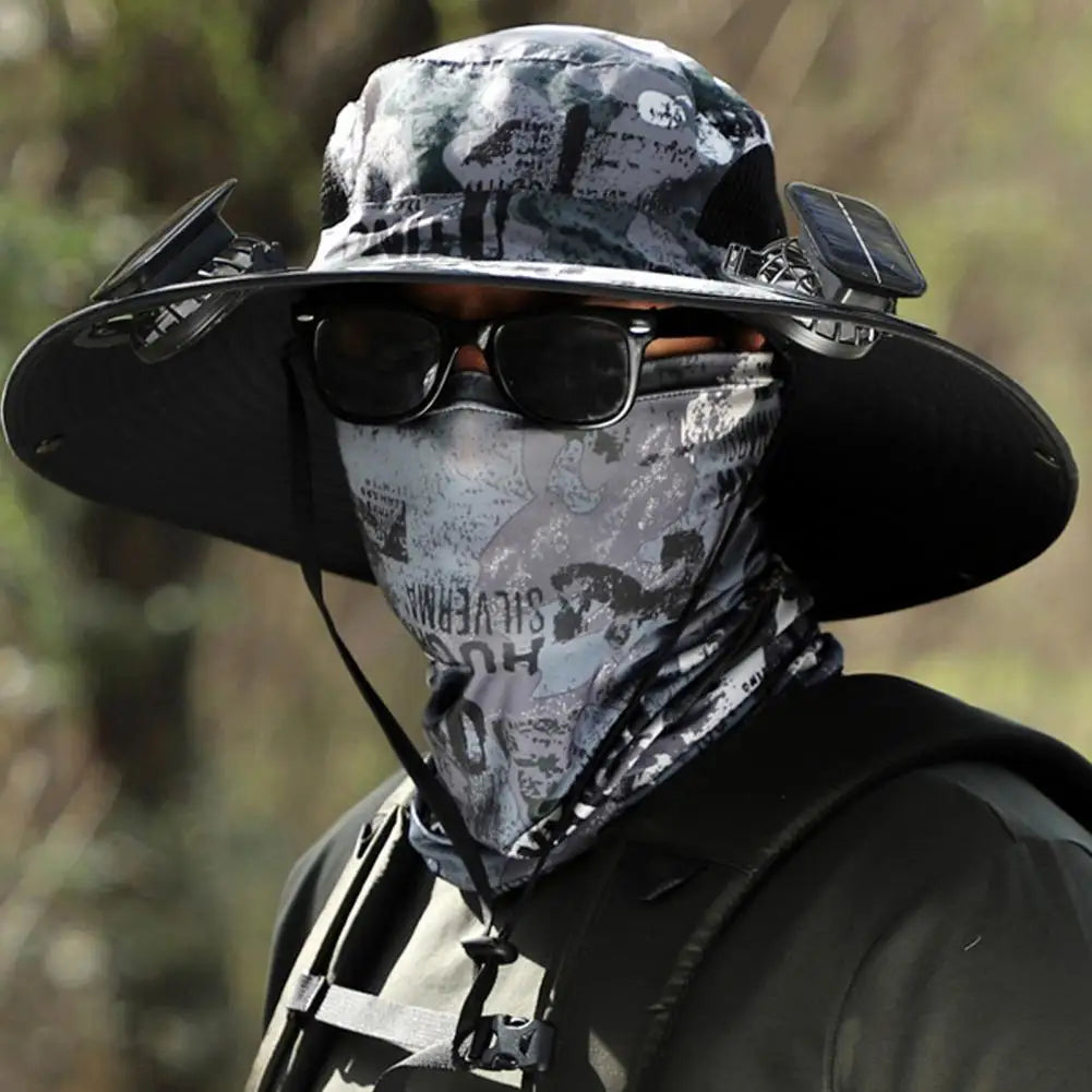 Wide Brim Solar Fan Outdoor Fishing Hat-Solar & USB Charging