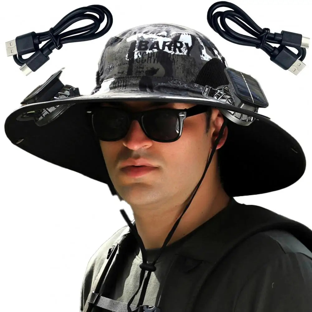 Wide Brim Solar Fan Outdoor Fishing Hat-Solar & USB Charging