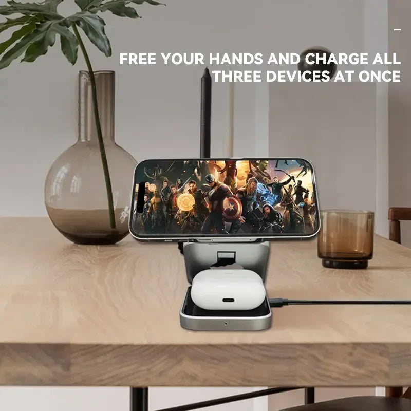 3 in 1 Wireless Charger Stand Magnetic Folding Stand for Apple iPhones Headphones Watch
