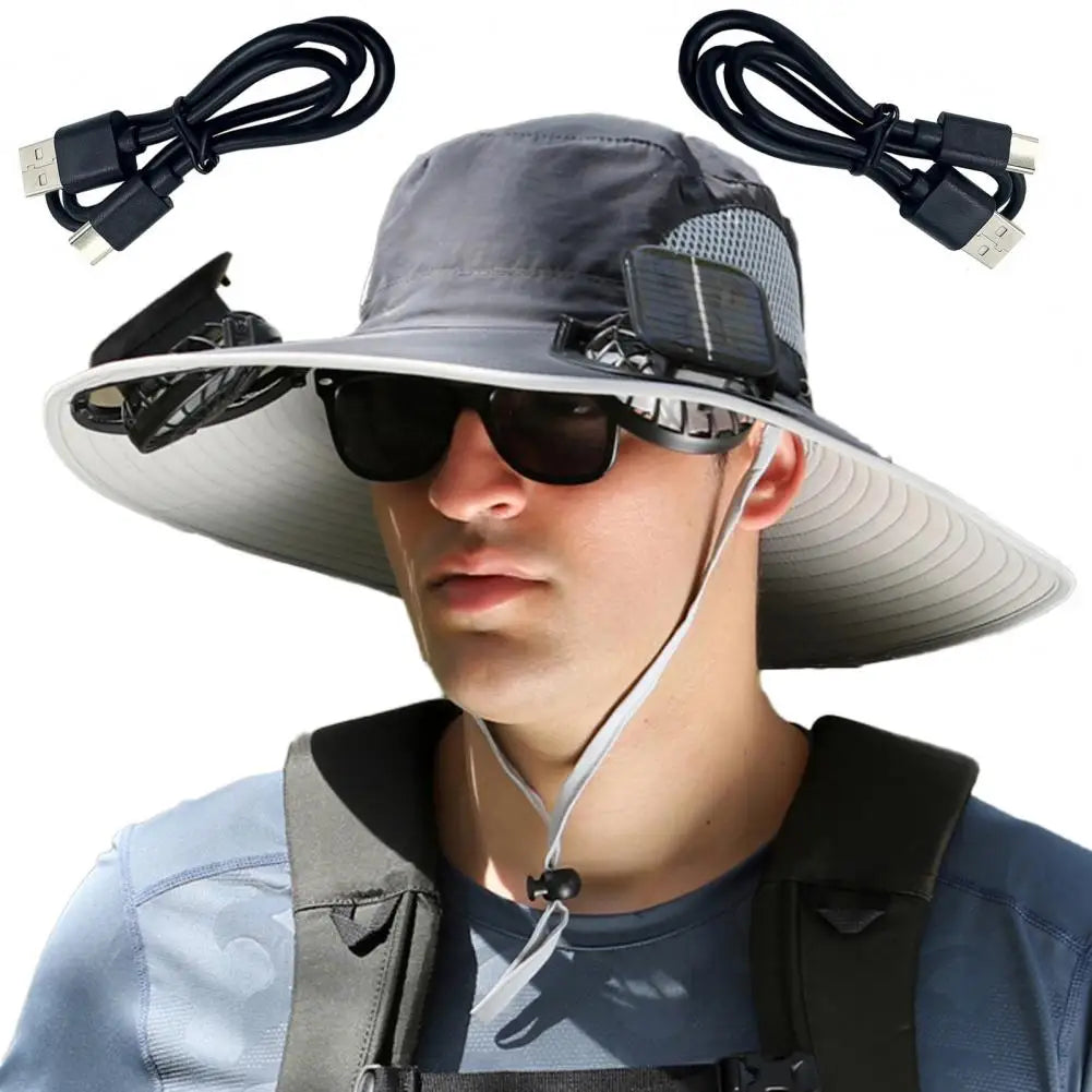 Wide Brim Solar Fan Outdoor Fishing Hat-Solar & USB Charging