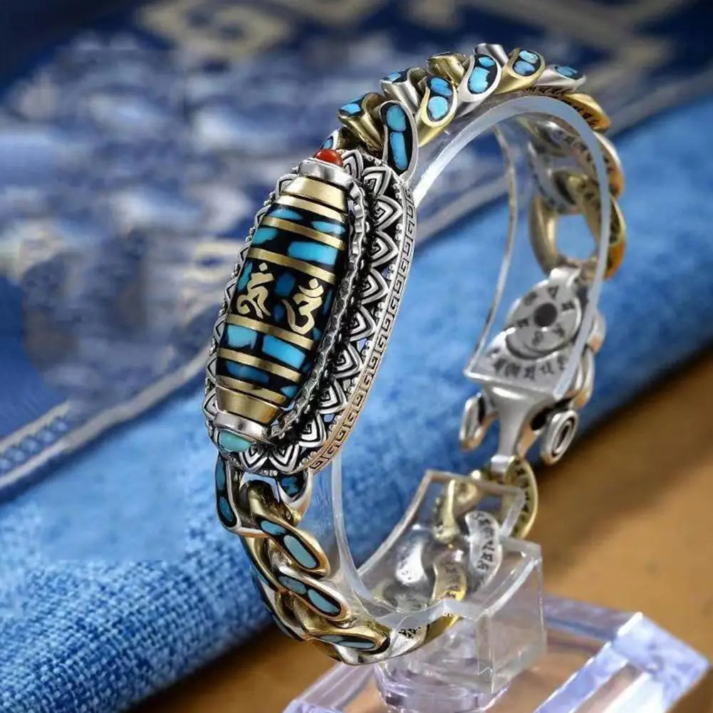 Turquoise Six-character Mantra Nine-eyed Dzi Bead Bracelet