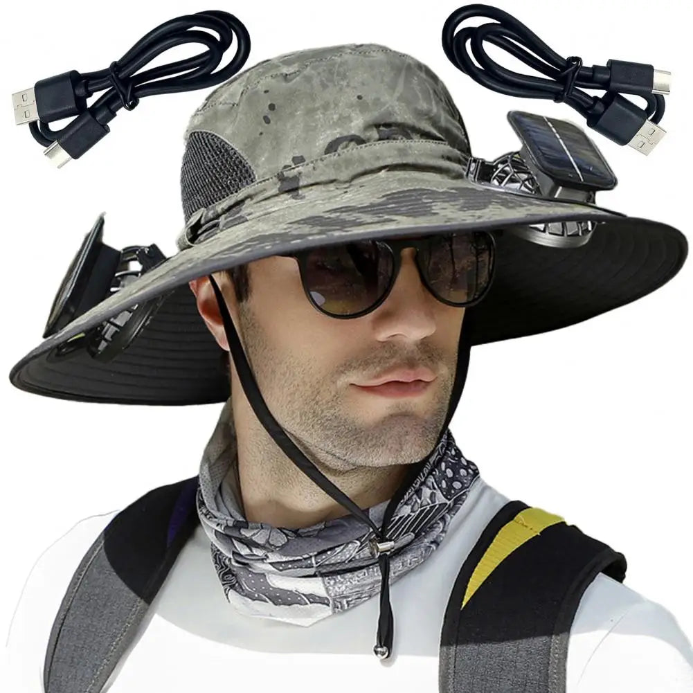 Wide Brim Solar Fan Outdoor Fishing Hat-Solar & USB Charging