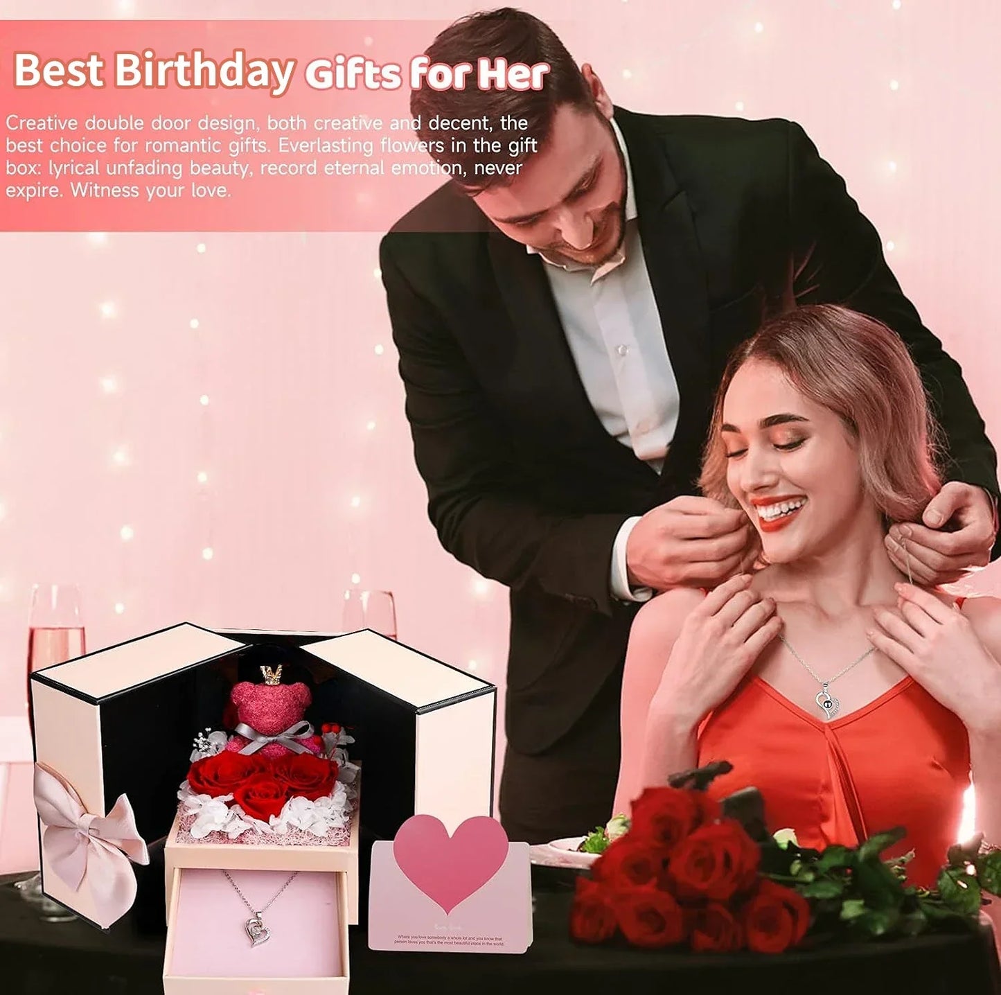 Double-door Preserved Flower Gift Box With Necklace