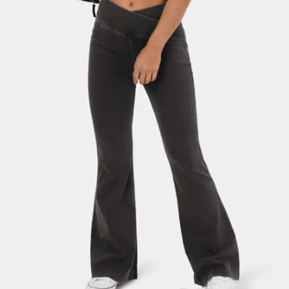 Stretchy Denim High Waisted Crossover Flare Pants