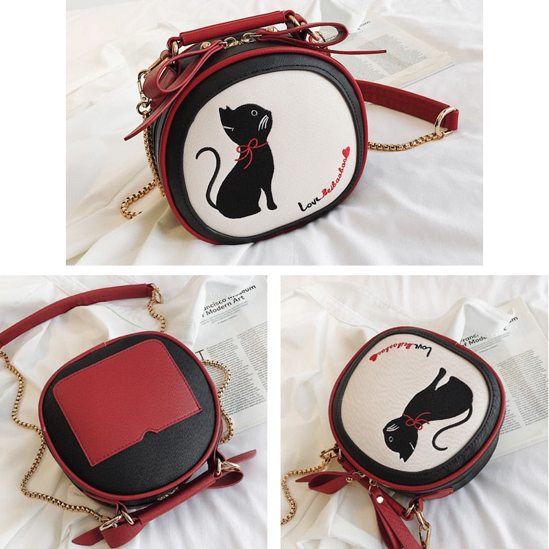 Women's Embroidery Cat Shoulder Bag - High Quality PU Leather Bag