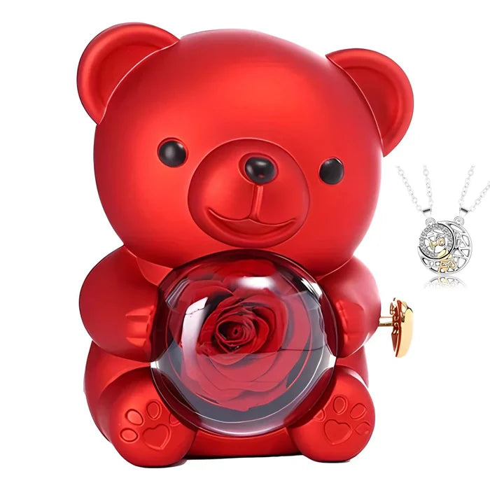 Engraved Heart Necklace with Real Rose Bear Giftbox Rose Shaped Necklace Gift Box Jewellery Gift Box