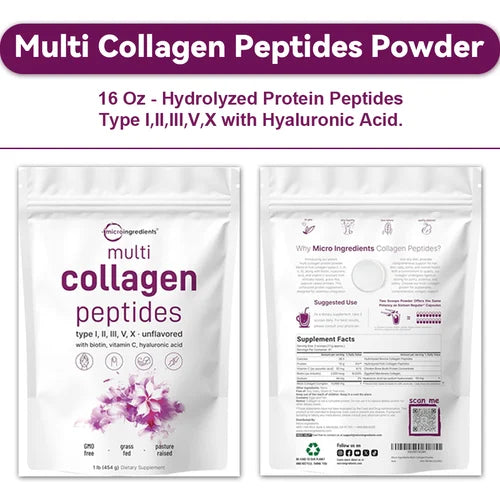 Multi Collagen Peptides Powder, 16 Oz - Hydrolyzed Protein Peptides | Type I,II,III,V,X with Hyaluronic Acid, Biotin & Vitamin C - Unflavored - Keto & Paleo Friendly, Ez Mix in Drinks