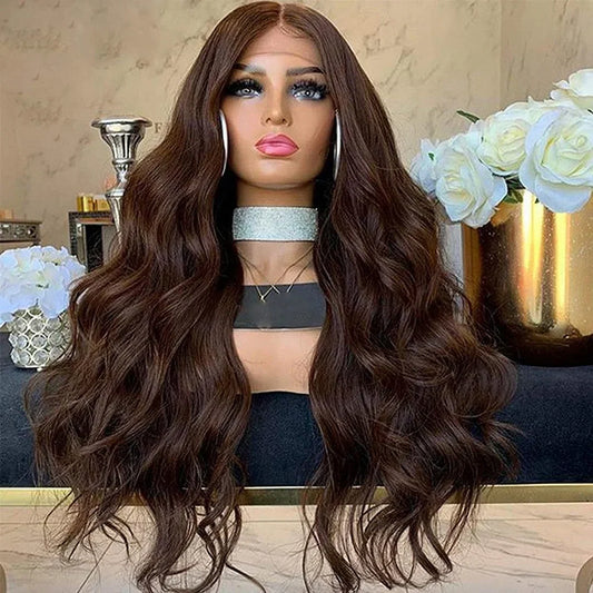 Glueless Brown Long Hair Brazilian Body Wavy Wigs