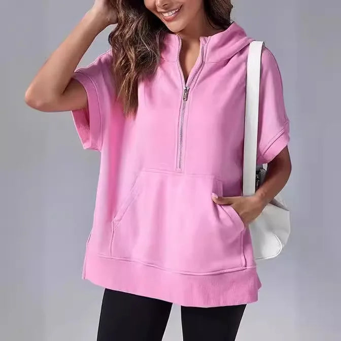 Oversized Casual Half Zip Short Sleeve Pullover Tops with Pockets