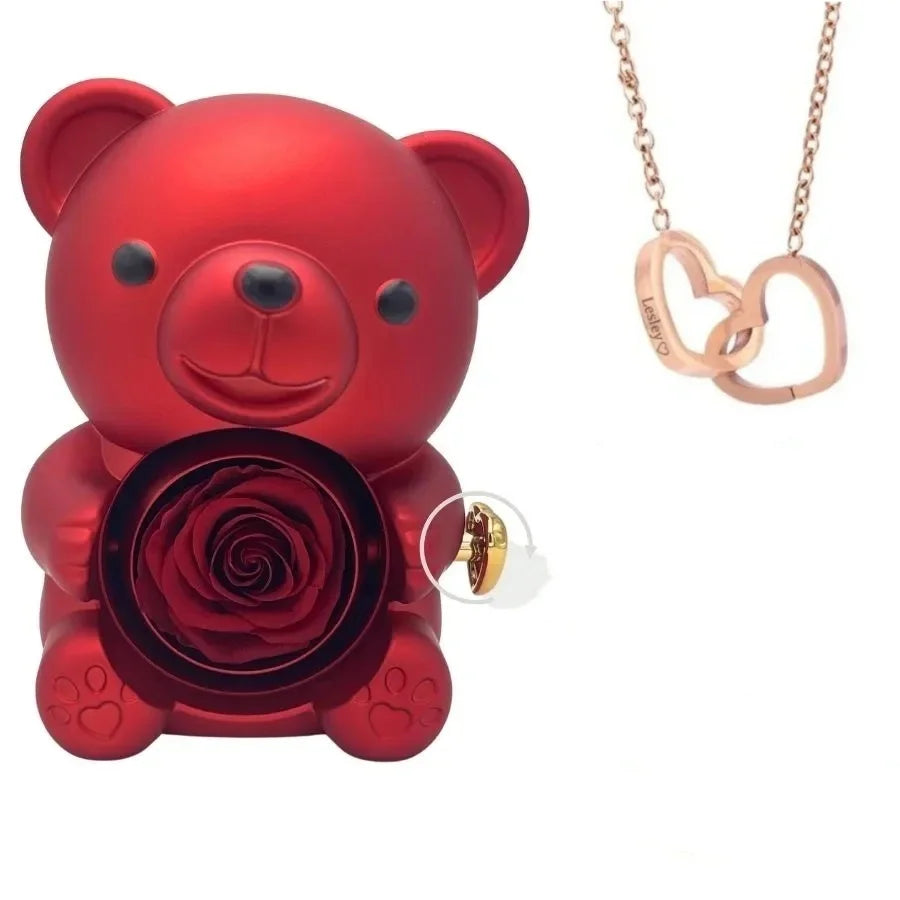 Romantic Teddy Red Bear with Preserved Rose - Real Rose in Elegant Black Gift Box for Anniversaries, Weddings, Bridal Showers, and Mother's Day /beating heart gift.