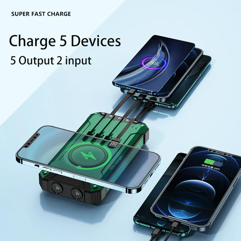 Wireless Charger Solar Power Bank Built-in Cables Waterproof/Shockproof