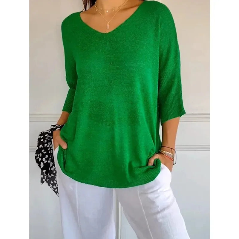Solid Color Knitted V-neck Top