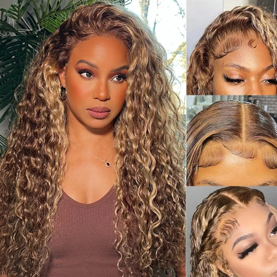 Water Wave Highlight Ombre Color Invisi Strap Snug Fit 360 Skin Lace Frontal Wig Glueless Human Hair