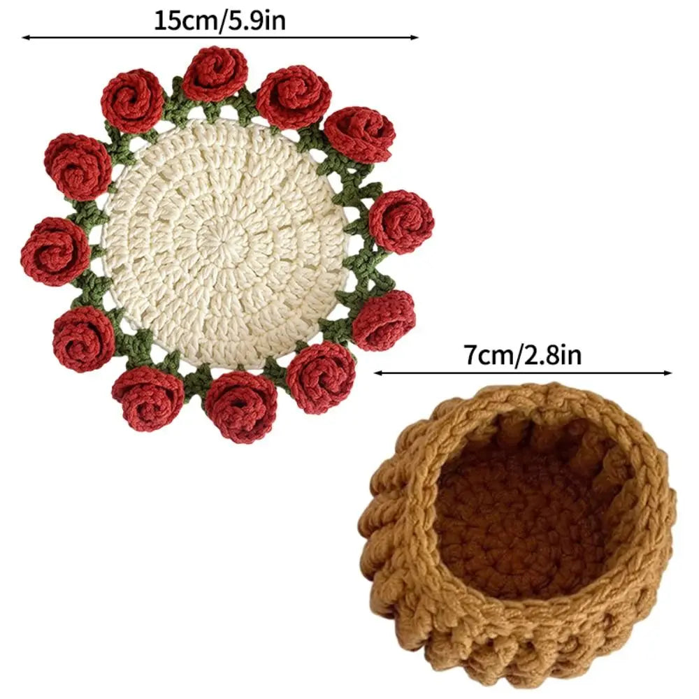 Creative DIY Rose Bouquet Coaster Hand Knitted Mini Flower Coasters Crochet Flower Pot Home Decor