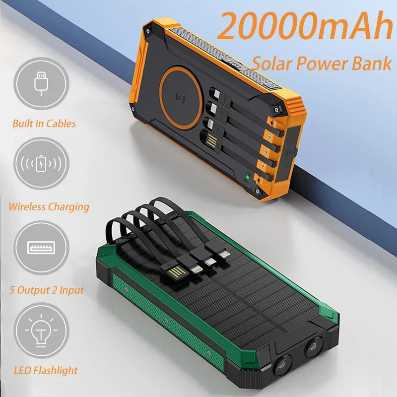 Wireless Charger Solar Power Bank Built-in Cables Waterproof/Shockproof