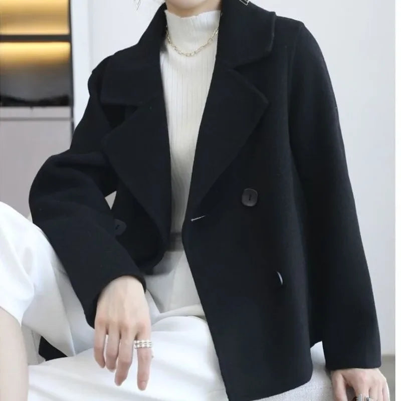 Women's Lapel Button Patchwork Sleeve Casual Coat with Two Pockets on the Sides